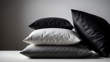 stack of black pillow on white table and plain background with dramatic lighting