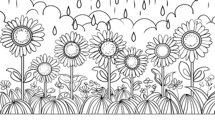 coloring page for kids, spring flowers with sun and rain