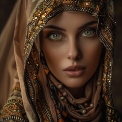 Close-Up Portrait of a Woman Wearing a Beaded Headscarf