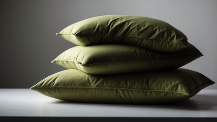 stack of green pillow on white table and plain background with dramatic lighting
