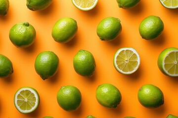 Arrangement of limes on orange background with half cut citrus fruits for fresh beauty and art theme