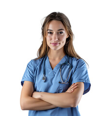 female nurse crossed arms on isolated transparent background
