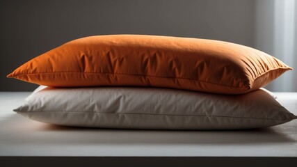 stack of orange pillow on white table and plain background with dramatic lighting