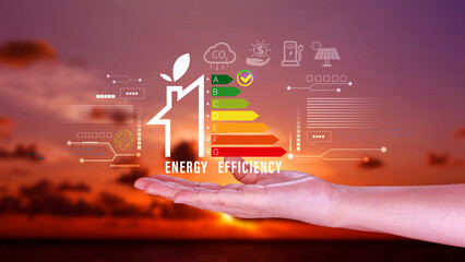 Energy efficiency concept, Businessman touching virtual screen of energy efficiency rating for...
