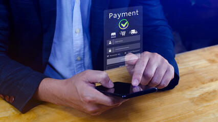 Using smartphone to online payment, banking and online shopping, financial transaction, Digital...