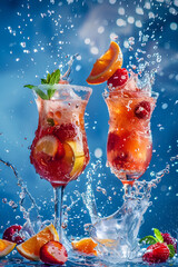Summer fruity soft drinks with splashes in tall glasses on a blue background.