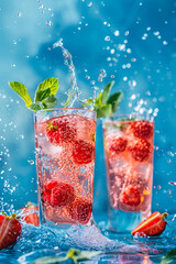 Summer fruity soft drinks with splashes in tall glasses on a blue background.