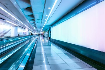Modern Airport Terminal Corridor with Vibrant Neon Lights and Moving Walkway