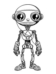 Cute humanoid robor Kids/ adult coloring page book art, black and white vector illustration 