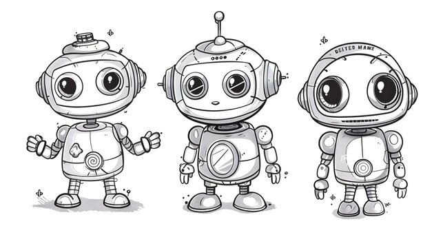Cute humanoid robor Kids/ adult coloring page book art, black and white vector illustration 