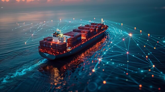 In the dead of night, a cargo ship traverses the open sea, bright blue network lines surrounding it and symbolizing cutting-edge maritime communication and navigation systems. - Powered by Adobe