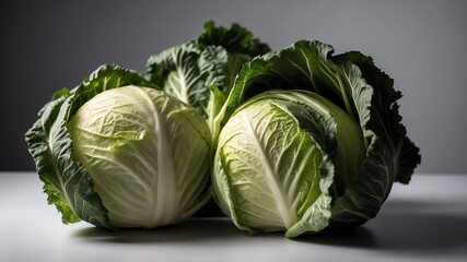Obraz premium bunch of cabbage on white table and plain background with dramatic lighting