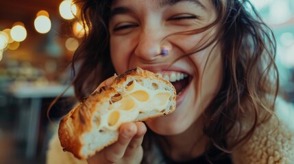 Naklejka premium Woman Smiling and Eating a Cheesy Bread Snack at a Cafe