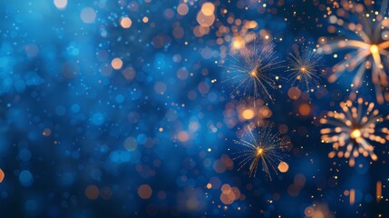 Colorful fireworks display for happy birthday celebration on festive blue background with copy space