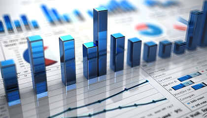 Preparing report. Blue graphs and charts. Business reports and pile of documents on gray reflection background.