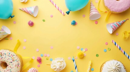 Fototapeta premium Colorful birthday party flat lay composition with festive decorations on vibrant yellow background, perfect for celebratory occasions and invitations with ample copy space