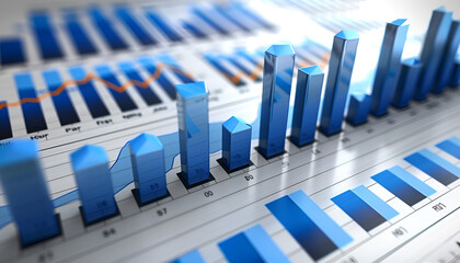 Preparing report. Blue graphs and charts. Business reports and pile of documents on gray reflection background.