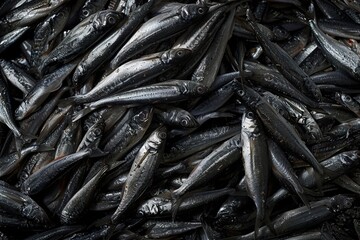 Fototapeta premium A dense group of fresh fish caught from the sea with vibrant scales. Perfect for culinary blogs, seafood markets, and food guides. High-resolution and highly detailed image. Generative AI