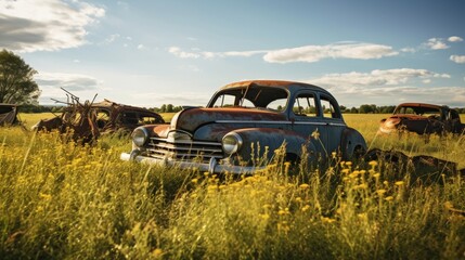 Fototapeta premium Abandoned field with vintage cars.