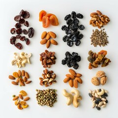 Obraz premium Dried fruits and nuts arranged on a white background