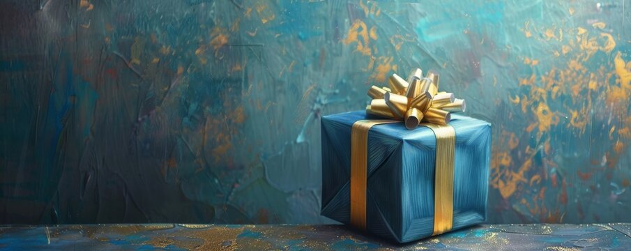 Blue gift box with golden ribbon on artistic background, celebration concept