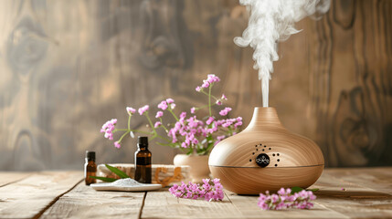 Essential oils and diffuser on wooden table creating calm atmosphere