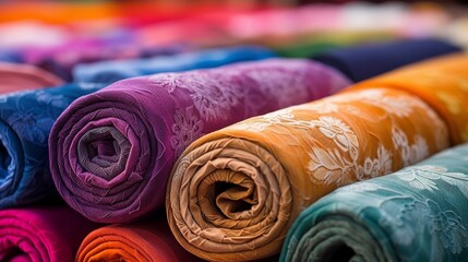 Colorful fabrics rolled together in a bundle.