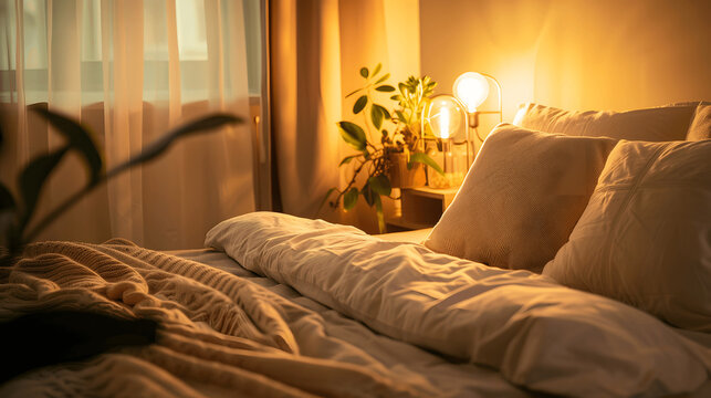 Cozy bedroom with comfortable bed and warm ambient lighting