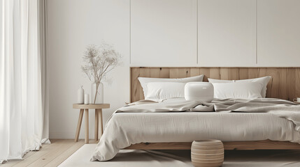 Minimalistic bedroom with white noise machine on nightstand