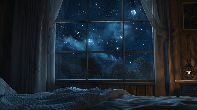 Night sky visible through window with soft bed in foreground