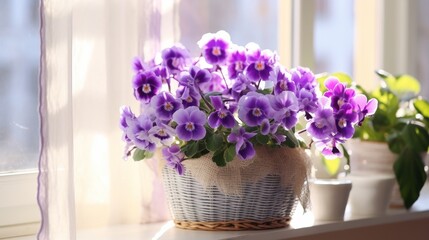 Sunlit windowsill adorned with African violets.