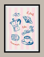 Minimal hand drawn vector dolce vita illustration with aesthetic quote in a poster frame. Art for greeting cards, wedding invitations, postcards, branding, logo design.	