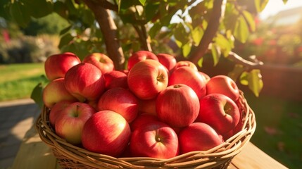 Crisp red apples in woven basket, soft sunlight.