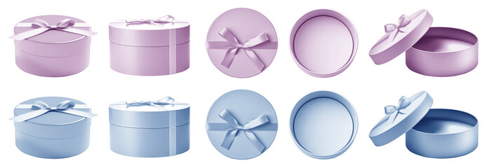 2 Set of pastel light blue purple gift present round circle box with bow ribbon on transparent cutout PNG. Mockup template for artwork design. open close top side flat lay view different angle