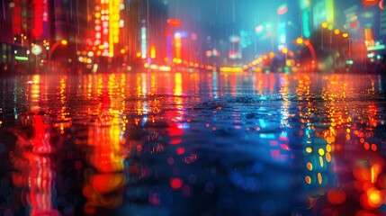 Fototapeta premium Colorful city lights reflecting on wet street at night, neon urban cityscape concept