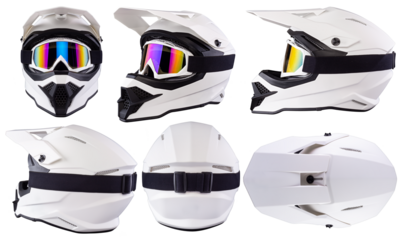 Set collection of White black modern motocross or enduro downhill crash full face helmet in various angles with saftey goggles  isolated background.