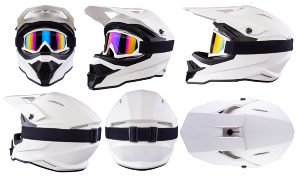 Set collection of White black modern motocross or enduro downhill crash full face helmet in various angles with saftey goggles  isolated background.