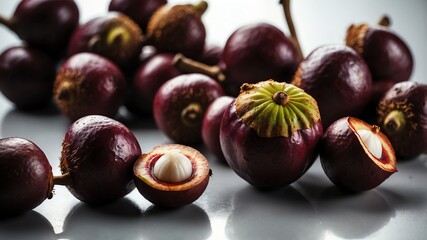 Obraz premium bunch of mangosteen on white table and plain background with dramatic lighting