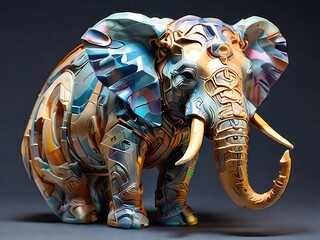Generate a holographic representation of an elephant with mandala patterns, abstracted into intricate geometric forms and patterns that blend cultural art with natural majesty.