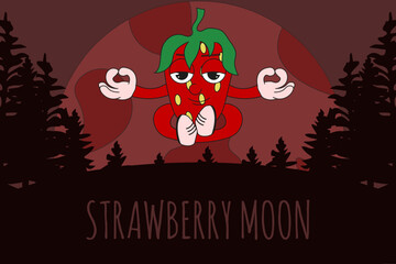 Strawberry yogi character in meditation. Have a balance concept. Phenomenon of Strawberry full Moon. Minimalism vector illustration can used web and social media banner, post