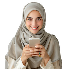 smiling woman in hijab holding a cell phone on isolated transparent background