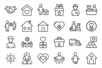 Charity icon set. Editable stroke. Charity, Charitable Donation, A Helping Hand, Volunteer, Heart Shape, Donation Box, Fundraising. editable stroke outline icons set. vector illustration.
