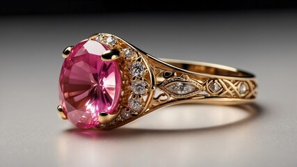 gold ring with pink gemstone on white table and plain background with dramatic lighting