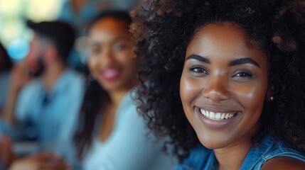 Obraz premium Happy multi-ethnic business people sit together in the office, laughing and smiling while listening to a close-up portrait of a lecture or training session