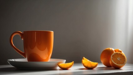 orange mug on white table and plain background with dramatic lighting