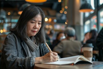 Mature Asian Woman Writing in Notebook at Coffee Shop