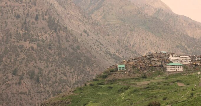 Trilokinath village and temple Garsha Phagpa on left bank of the Chenab River village of Udaipur in the Lahul and Spiti District of Himachal Pradesh, India.