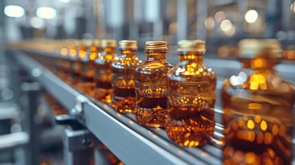 A detailed, close-up view of amber-colored, glass bottles neatly lined up on a conveyor belt inside a modern factory, reflecting the organized workflow of mass production.