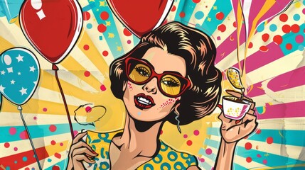 Vibrant pop art comic style happy birthday celebration with colorful speech bubbles, stars, and confetti elements, ideal for festive greeting cards and party invitations