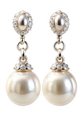 Elegant Pearl Earrings With Diamond Accents. These luxurious earrings are perfect for adding a touch of sophistication to any outfit. Isolated on transparent background, png.